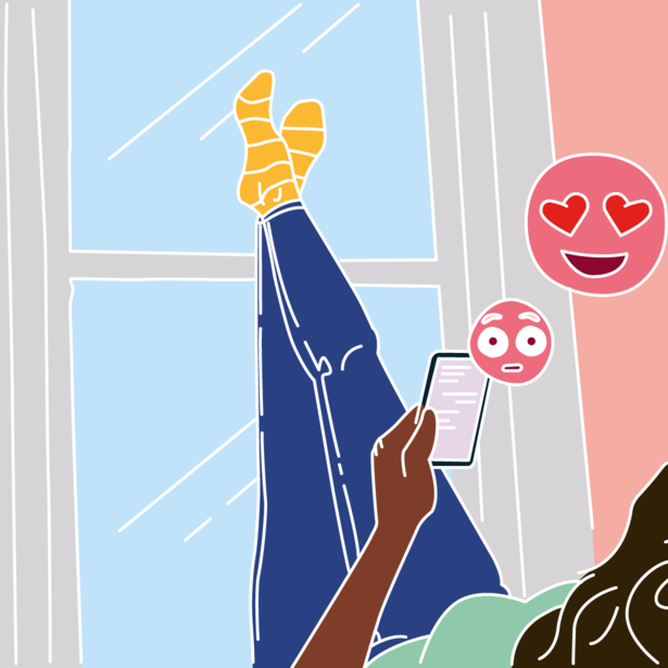 Illustration med magentafarvet baggrund af en pige, der taler i sin mobiltelefon – Libresse
